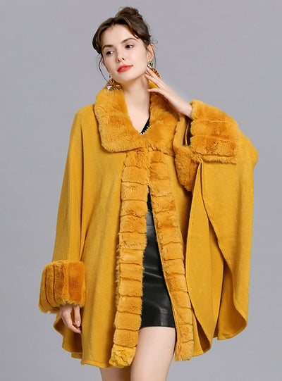 Loose Fur Collar Knitted Shawl Cloak Coat