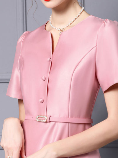Pink Satin Short Sleeve Mother Of The Bride Dress