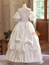 Vintage White Satin Lace Puff Sleeve Wedding Dress
