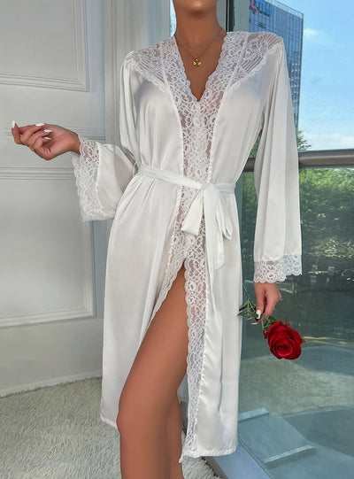 Lace Long Sleeve Satin Nightgown