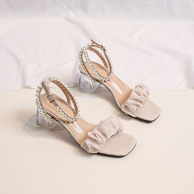 Thick-heeled Transparent Pearl Sandals