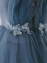 Blue Tulle Tiers Beading Prom Dress