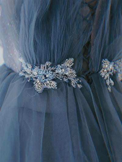 Blue Tulle Tiers Beading Prom Dress