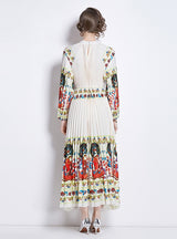 Printed Lantern Sleeve Pleated Belt Dress