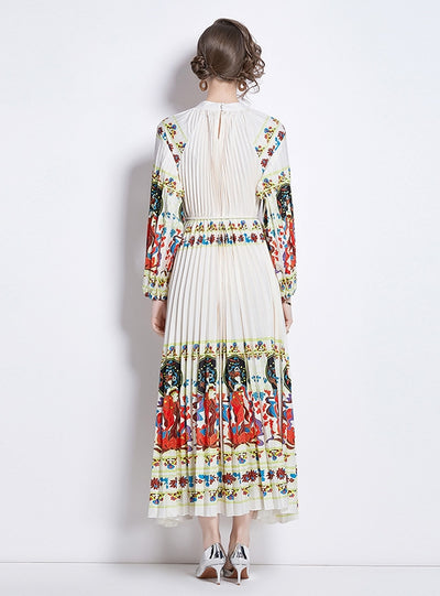 Printed Lantern Sleeve Pleated Belt Dress