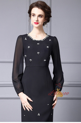 Black Long Sleeve Crystal Mother Of The Bride Dress