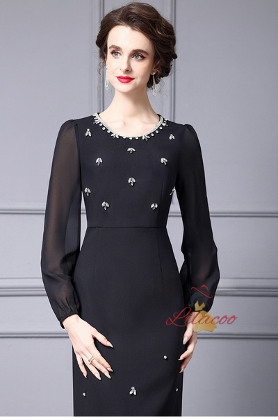 Black Long Sleeve Crystal Mother Of The Bride Dress