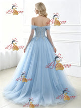 Blue Tulle Long Sleeve Appliques Prom Dress