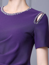 Purple Short Sleeve Beading Mother Of The Bride Dress