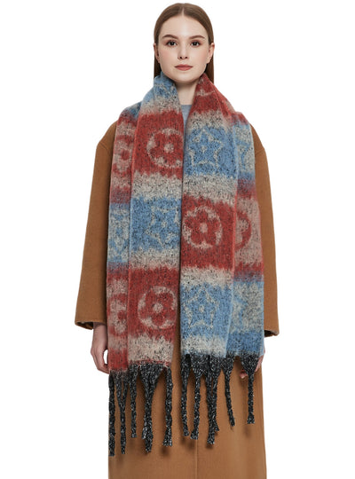 Coarse Tassel Jacquard Flower Scarf