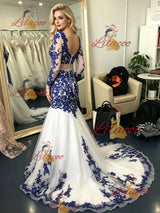 White Mermaid Tulle Blue Appliques Prom Dress