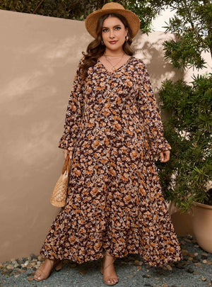 Large Size Printed Elastic Waist Printed Dress