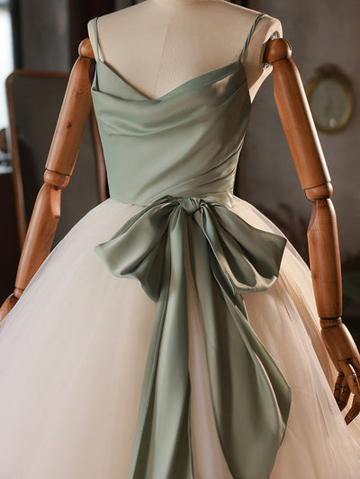 White Tulle Green Satin Straps Wedding Dress