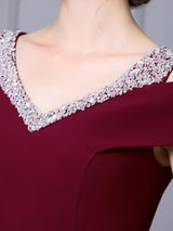 Burgundy V-neck Beading Mother Of The Bride Dress