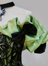 Green Satin Off the Shoulder Lace Prom Dress