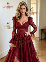 Burgundy Tulle Appliques Long Sleeve Prom Dress