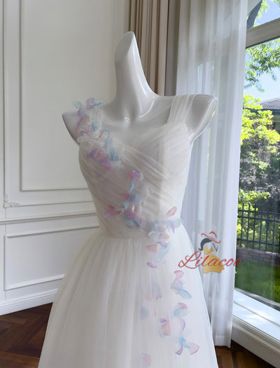 White Tulle Flower Pleats Prom Dress