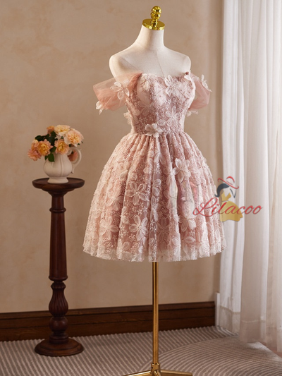 Pink Tulle Lace 3D Flower Homecoming Dress
