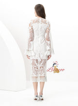 Mesh Flared Sleeve Crocheted Tassel Dress