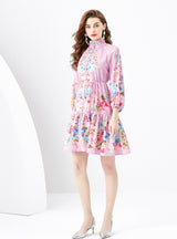 Retro Painted Lantern Sleeve Wavy Printed Dress