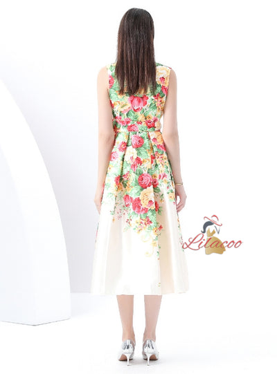 V-neck Sleeveless Long Retro Print Dress