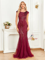 Burgundy Mermaid Sequins Cap Sleeve Prom Dress