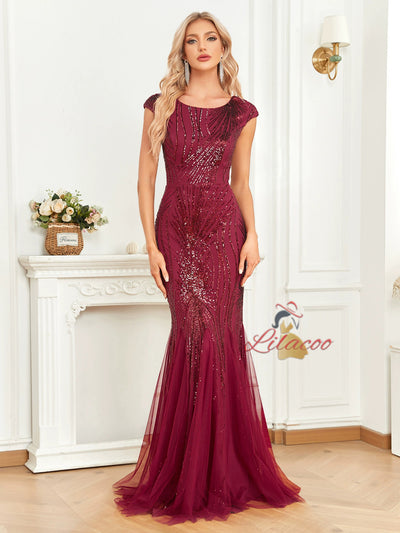 Burgundy Mermaid Sequins Cap Sleeve Prom Dress