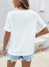 Casual V-neck Color Crochet Stitching Top