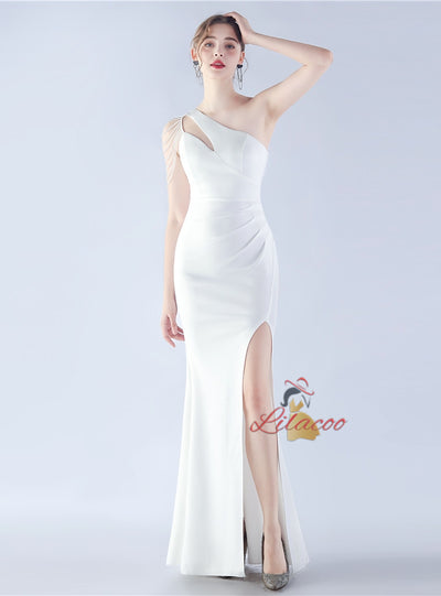 One Shoulder Split Beading Prom Dress