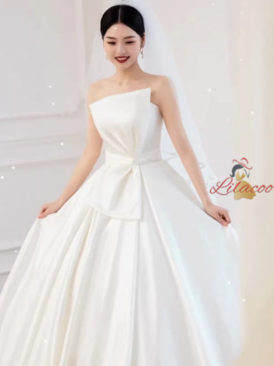 Ivory White Satin Strapless Pleats Wedding Dress