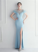Blue Scoop Neck Split Feather Prom Dress