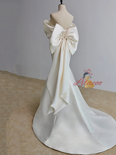 Ivory Mermaid Satin Off the Shoulder Bow Wedding Dress