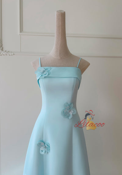 Blue Spaghetti Straps 3D Flower Prom Dress