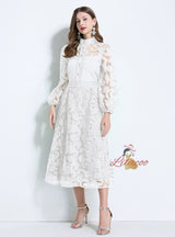 Hollow Crocheted Lace Shirt+High Waist Skirt