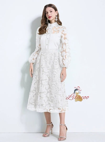 Hollow Crocheted Lace Shirt+High Waist Skirt
