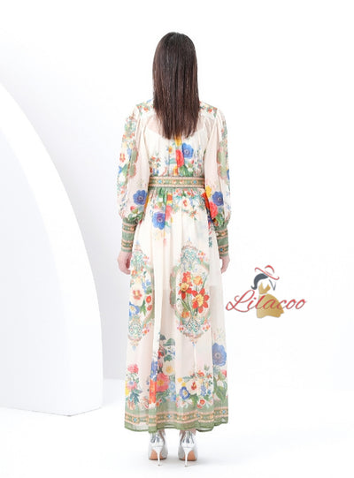 Retro Stand-up Lantern Sleeve Printed Dress