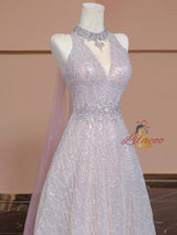 Pink Sequins Halter Beading Crystal Prom Dress