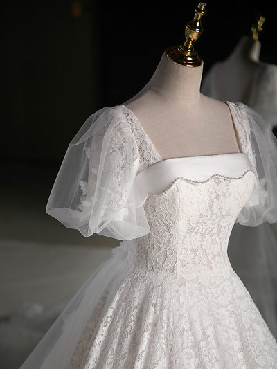 White Lace Puff Sleeve Square Neck Wedding Dress