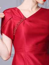 Red Pleats Beading Mother Of The Bride Dress