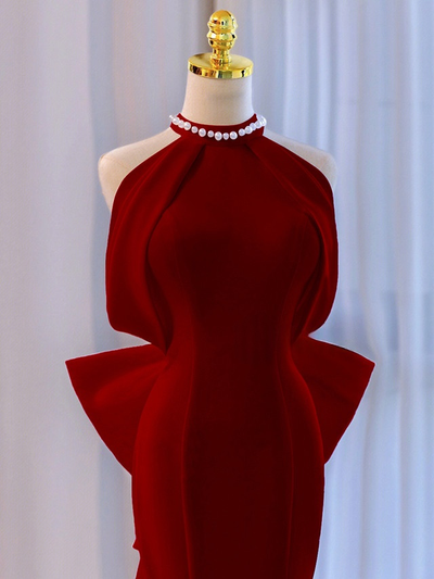 Burgundy Mermaid Halter Bow Prom Dress