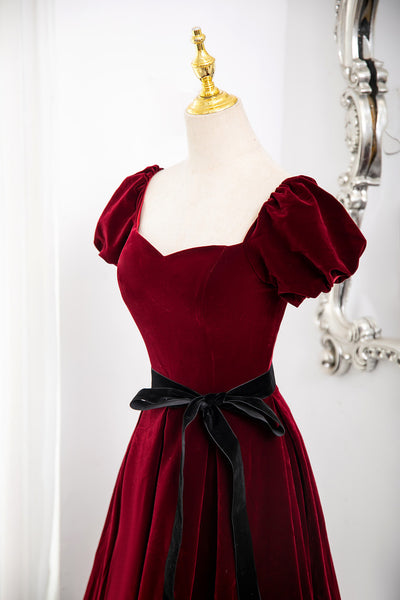 Burgundy Velvet Puff Sleeve Prom Dress