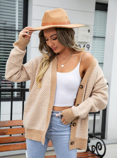 Colour Matching Buttons V-neck Sweater Coat