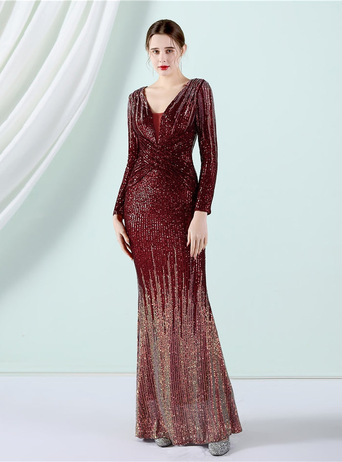 Long Sleeve V-neck Sequins Prom Dress