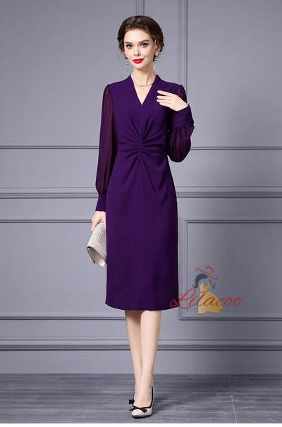 Purple V-neck Pleats Mother Of The Bride Dress