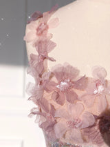 Pink Tulle Sequins Straps 3D Flower Prom Dress