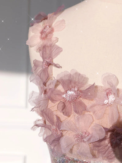 Pink Tulle Sequins Straps 3D Flower Prom Dress