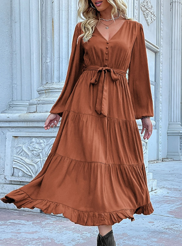 Casual Long-sleeved Solid Color Dress