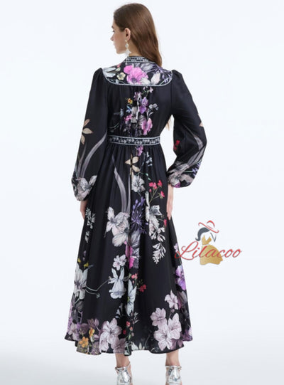 Retro Court Printed V-neck Dress