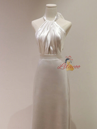 White Pleats Halter Backless Wedding Dress