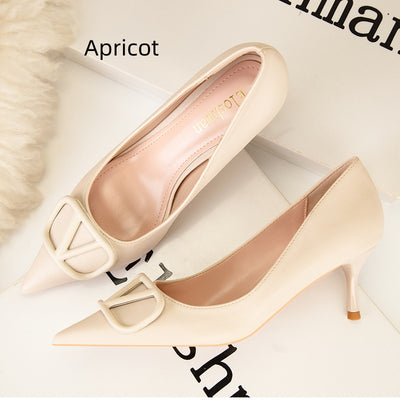 Thin-heeled Shallow-mouth Pointed Metal Buckle Shoes